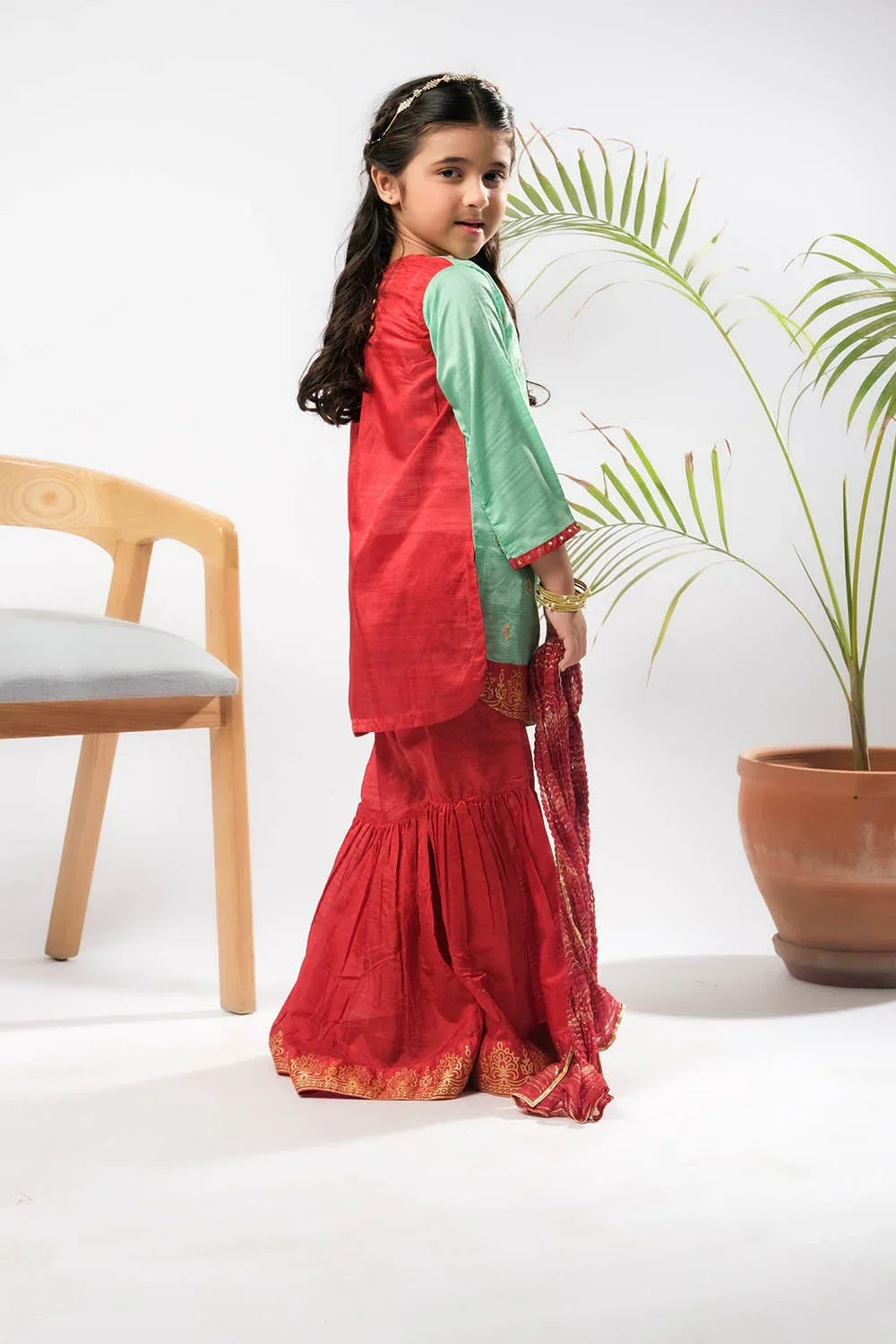 Kids Mint Green & Maroon Formal 3 Piece Suit – Polyester Tussar Silk ( KDD-03222)