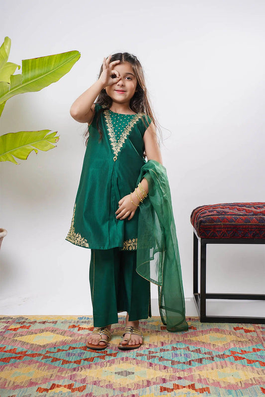 Kids Bottle Green & Gold Formal 3 Piece Suit – Viscose Chambray Katan (KDD-03238)