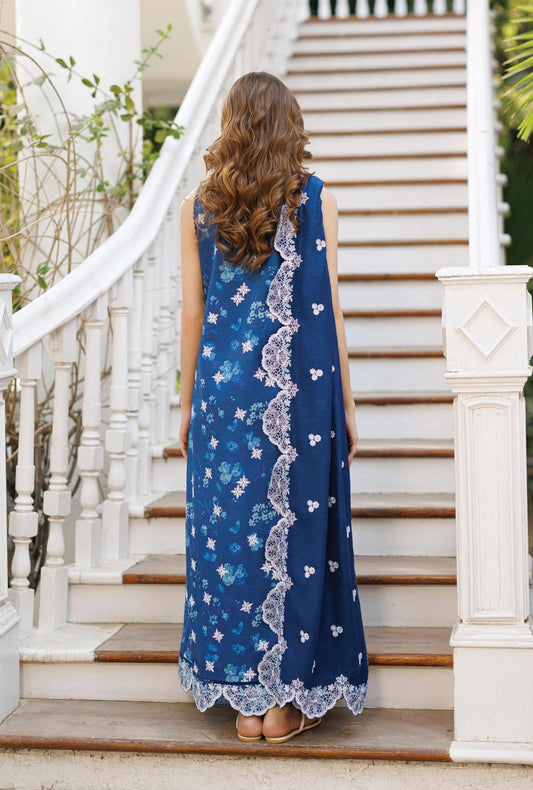 Afrozeh CELESTARA 3-Piece Unstitched Lawn Suit | Royal Blue Sleeveless Embroidered Shirt with Matching Dupatta