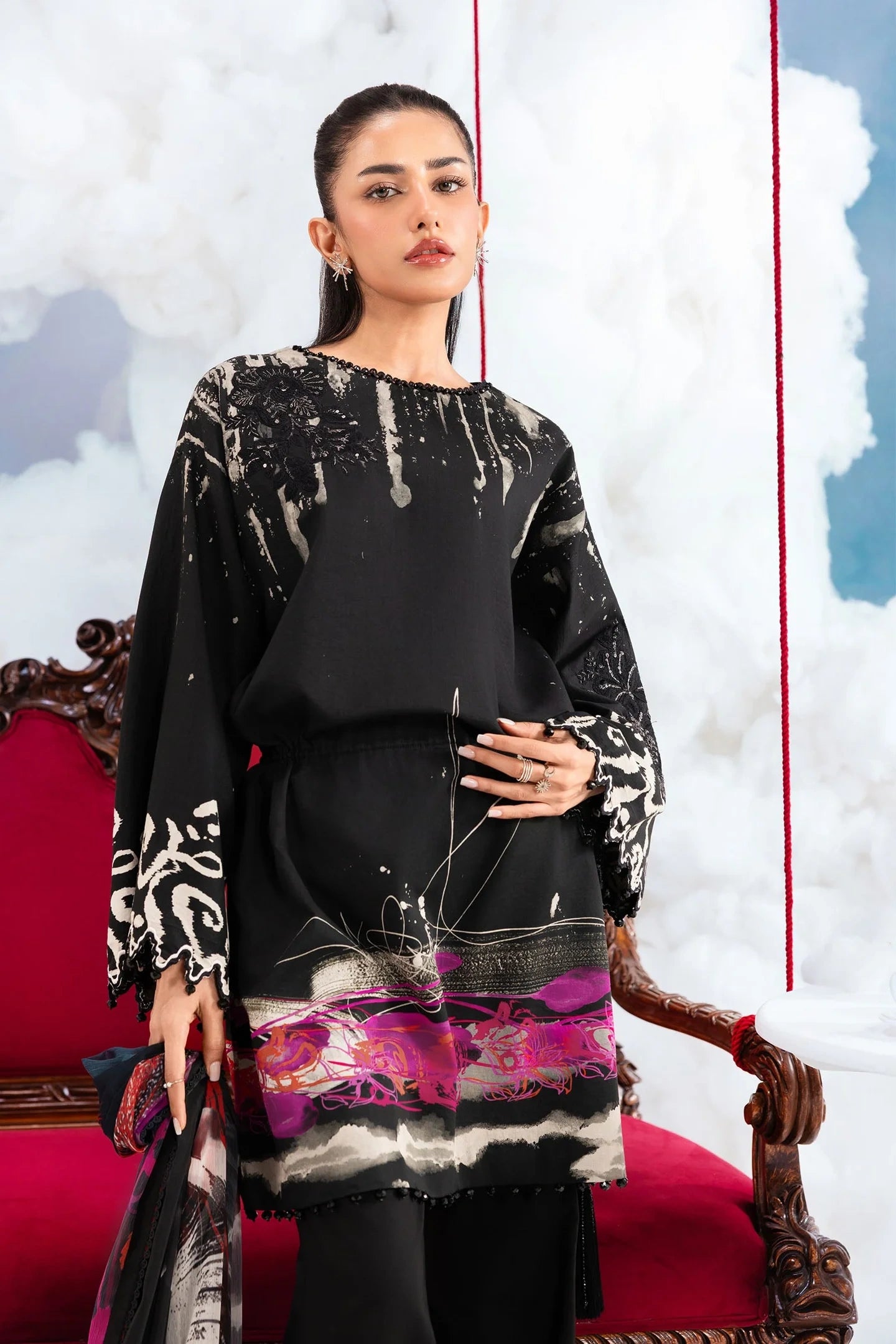 MariaB MBasics-Embroidered Lawn 3 Piece Unstitched Suit with Chiffon Dupatta (D06A)