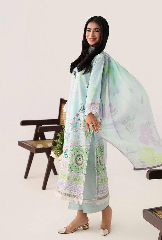 Roheenaz Rosette Cool Mirage 3-Piece Unstitched Lawn Suit | Printed Shirt with Embroidered Neckline & Chiffon Dupatta