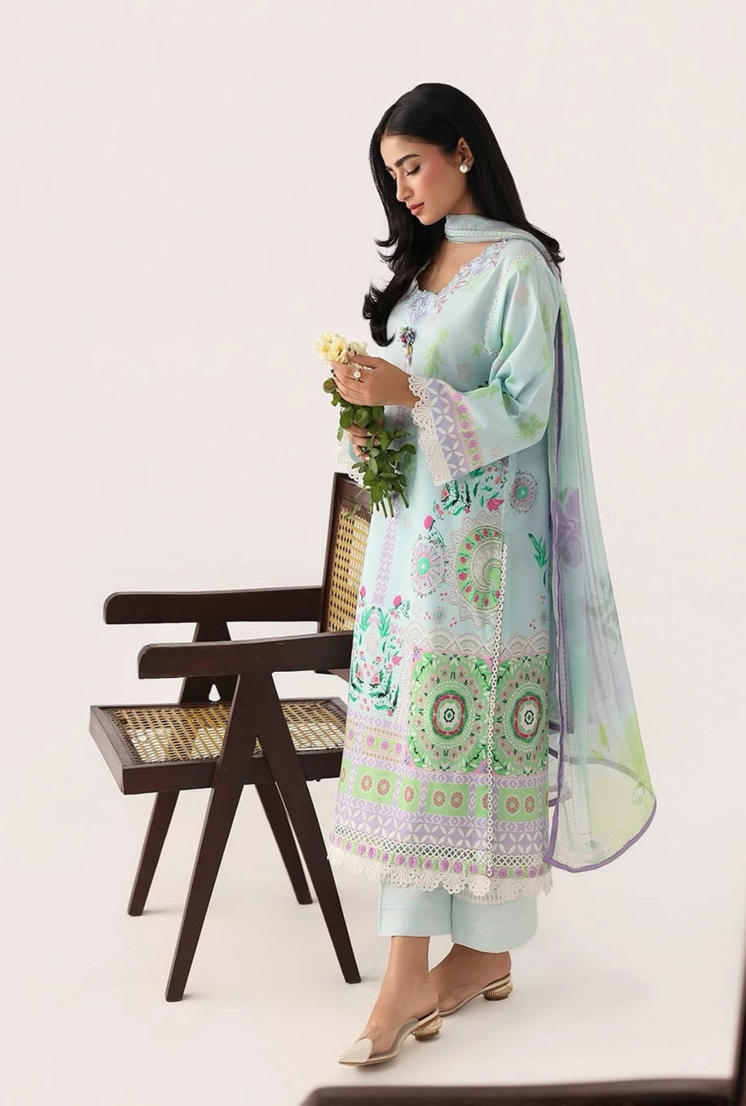 Roheenaz Rosette Cool Mirage 3-Piece Unstitched Lawn Suit | Printed Shirt with Embroidered Neckline & Chiffon Dupatta