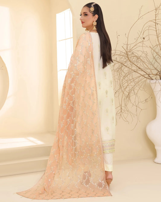 Tawakkal Embroidered Bamber Chiffon Suit With La Bella Viscose Jacquard Trouser D-006