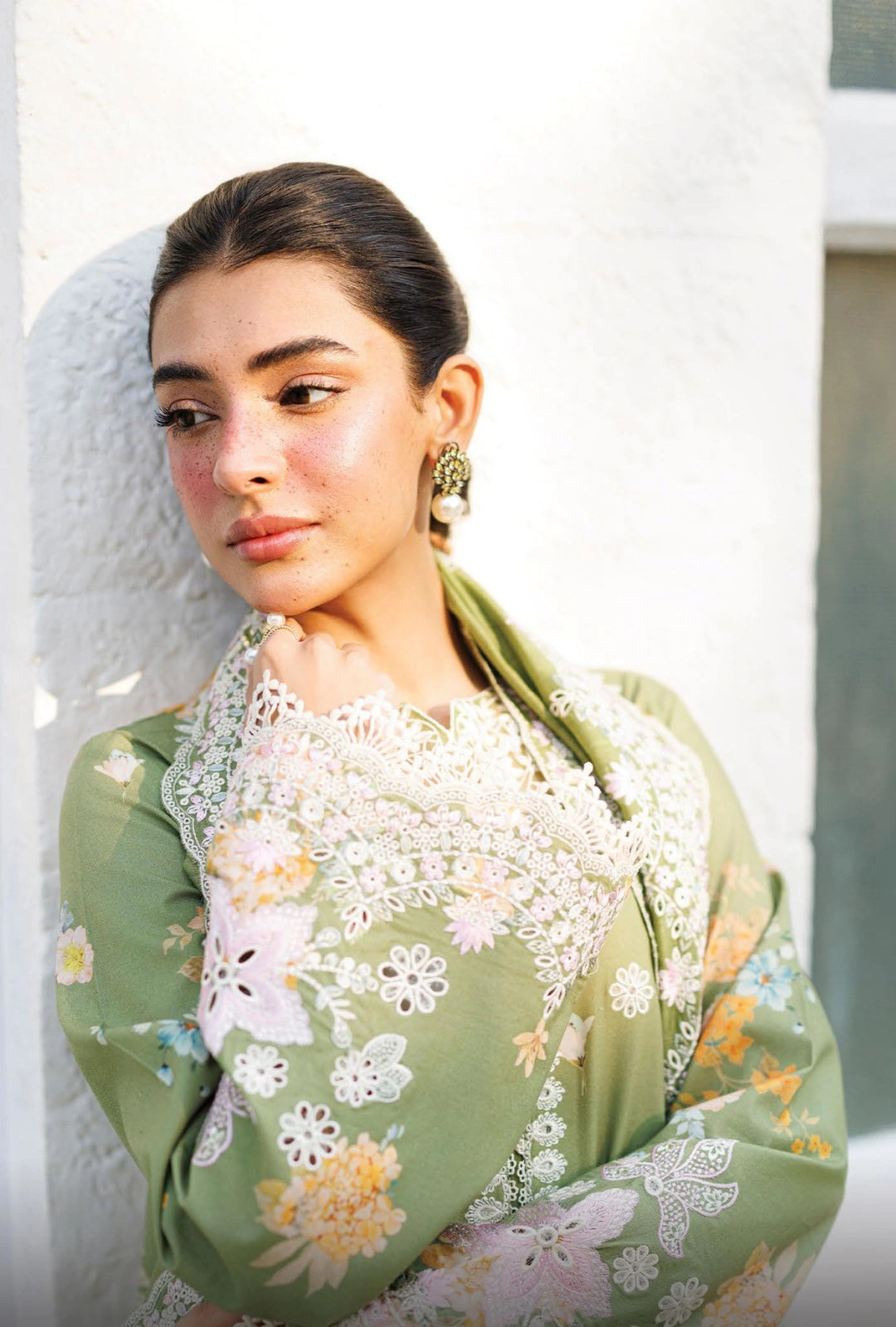 Afrozeh SERELITH 3-Piece Unstitched Lawn Suit | Olive-Green Floral Embroidered Shirt with Matching Dupatta