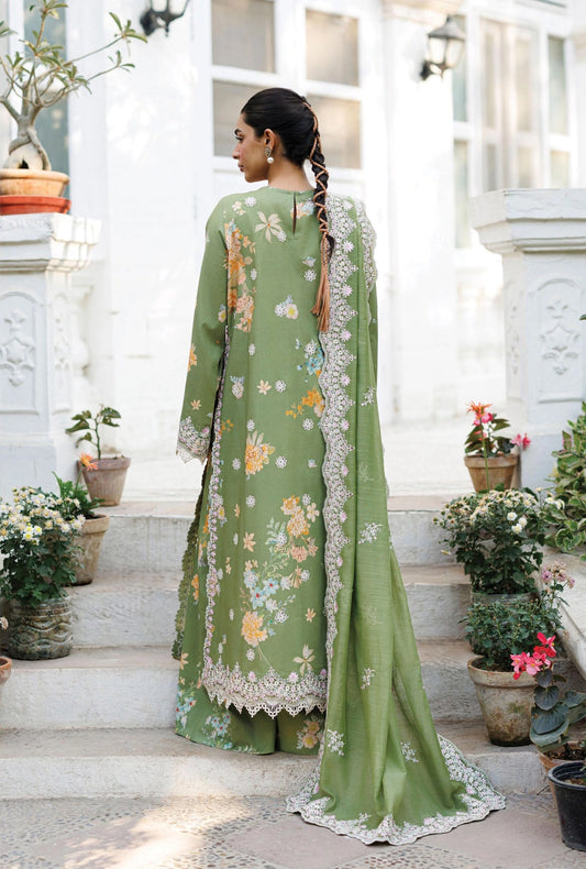 Afrozeh SERELITH 3-Piece Unstitched Lawn Suit | Olive-Green Floral Embroidered Shirt with Matching Dupatta