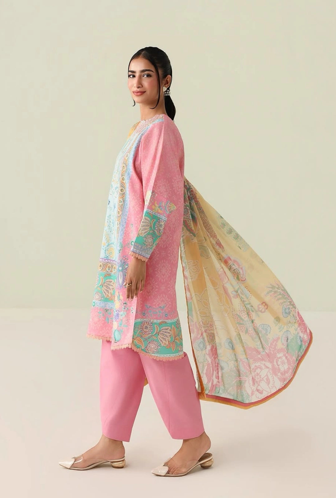 Roheenaz Rosette Golden Hour 3-Piece Unstitched Lawn Suit | Printed Shirt with Embroidered Neckline & Chiffon Dupatta