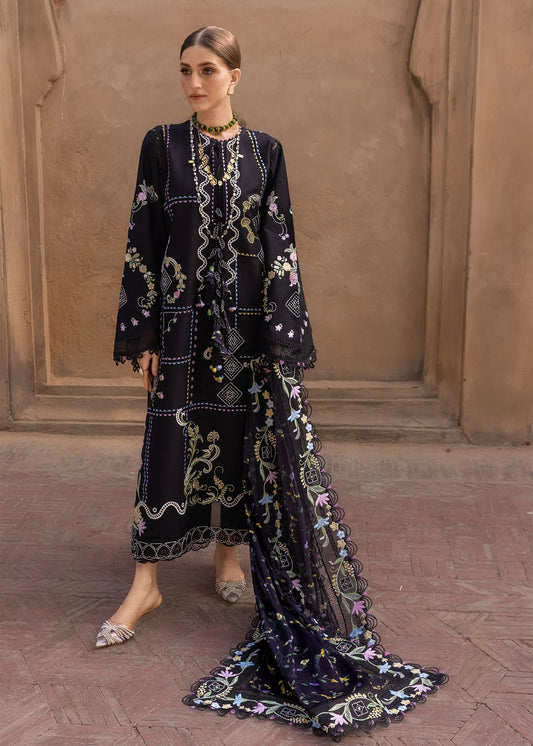 Flow By Crimson Unstitched Embroidered 3 Piece Suit Floral Serenity - D1A (Onyx)