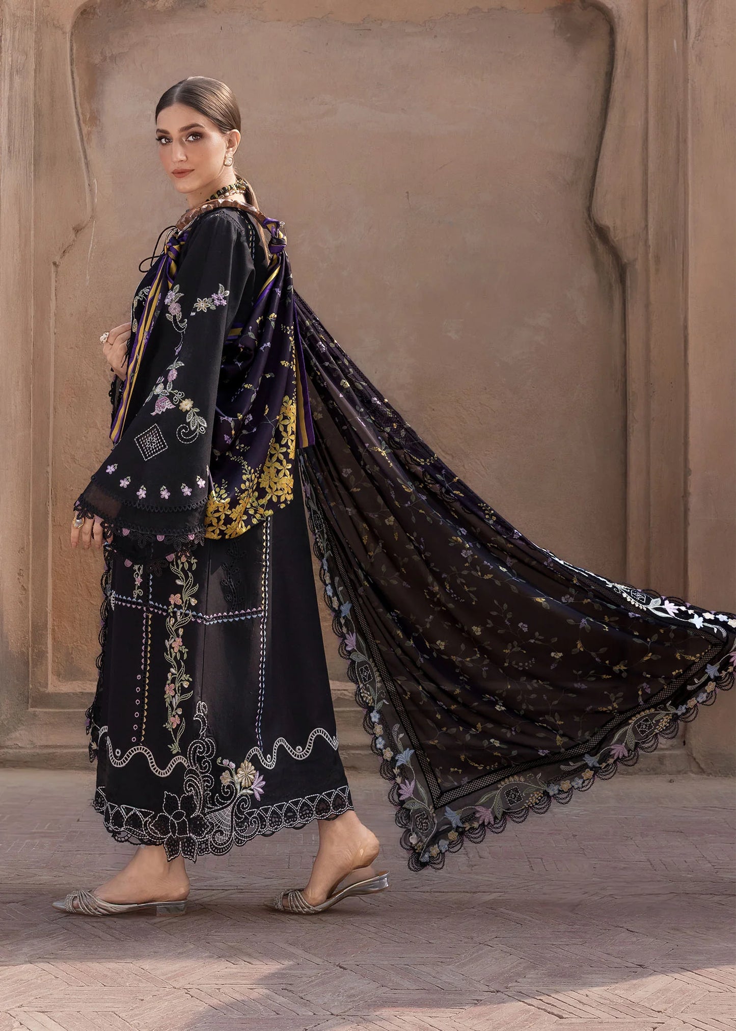 Flow By Crimson Unstitched Embroidered 3 Piece Suit Floral Serenity - D1A (Onyx)
