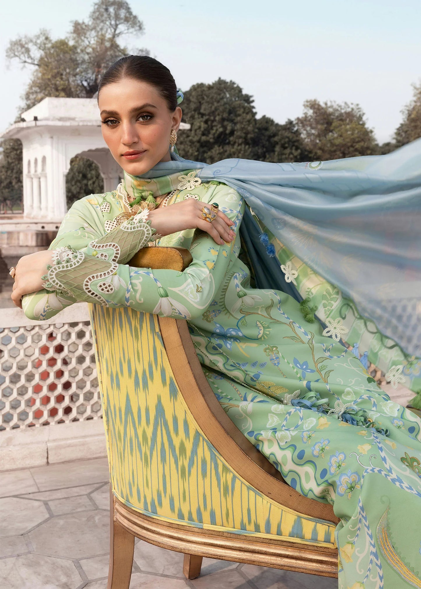 Flow By Crimson Unstitched Embroidered 3 Piece Suit Out of Many Hearts- D6B (apple Green)