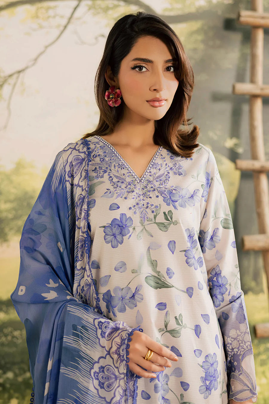 NUREH BLOOM Embroidered & Printed Doriya Lawn 3 Piece Unstitched Suit (BL-16)