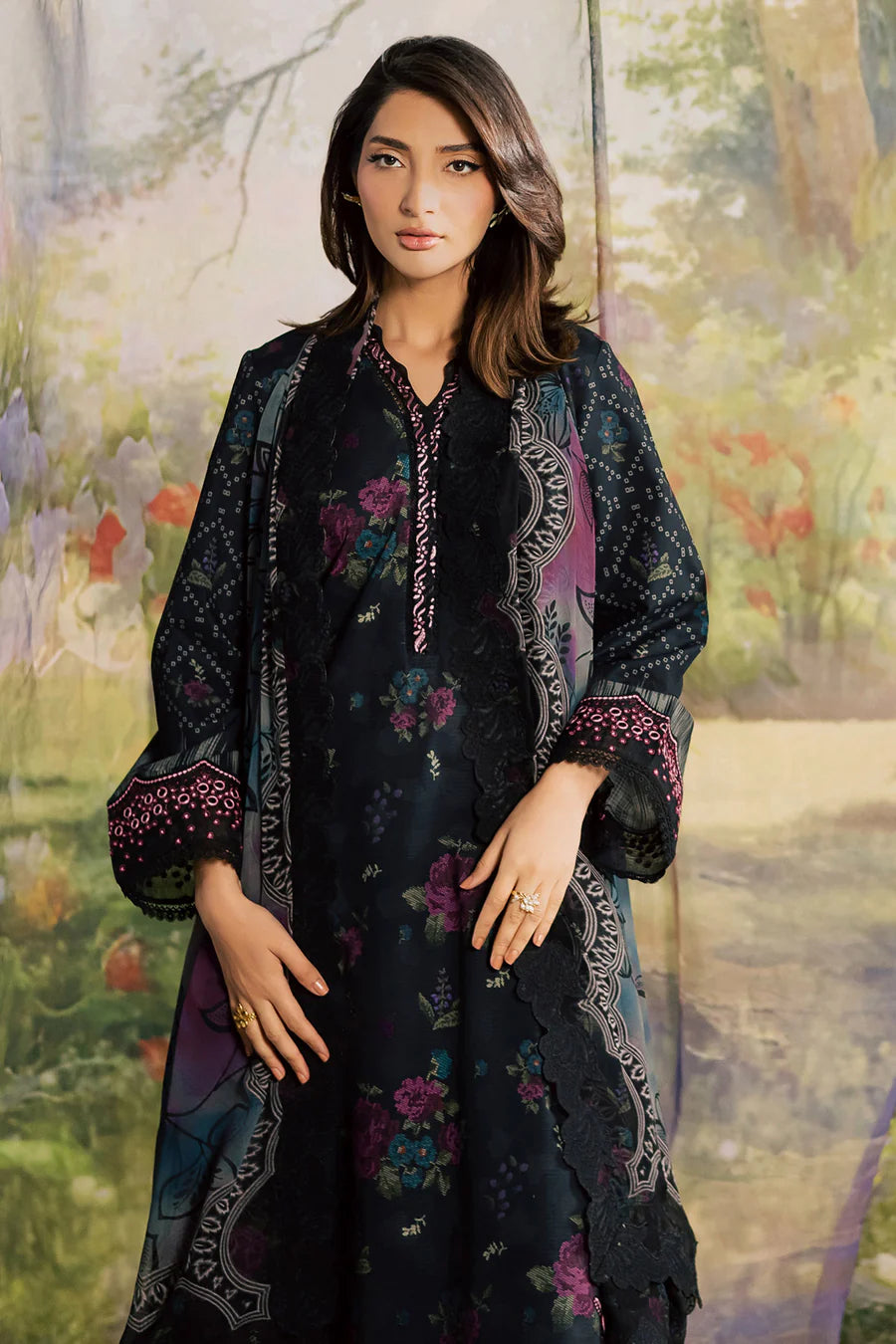 NUREH BLOOM Embroidered & Printed Doriya Lawn 3 Piece Unstitched Suit (BL-18)