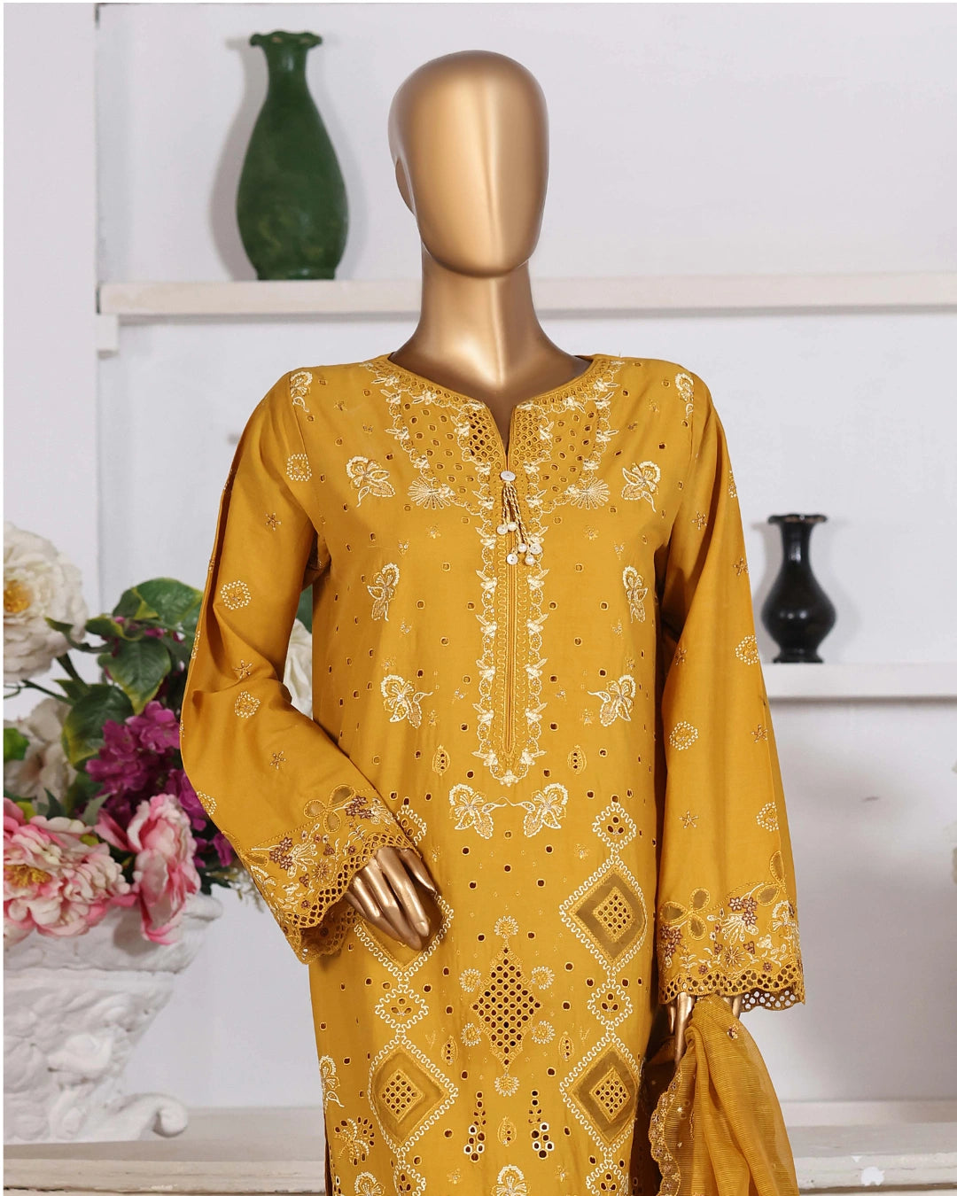 HZ Muse-Embroidered 3 Piece Outfit Stitched Suite MUSTARD (CSE-3P-216)