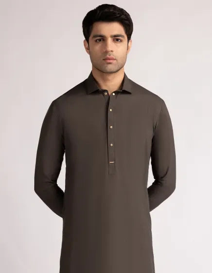 Dark Brown Blended Stitched Casual Kameez with Shalwar – Regular Fit