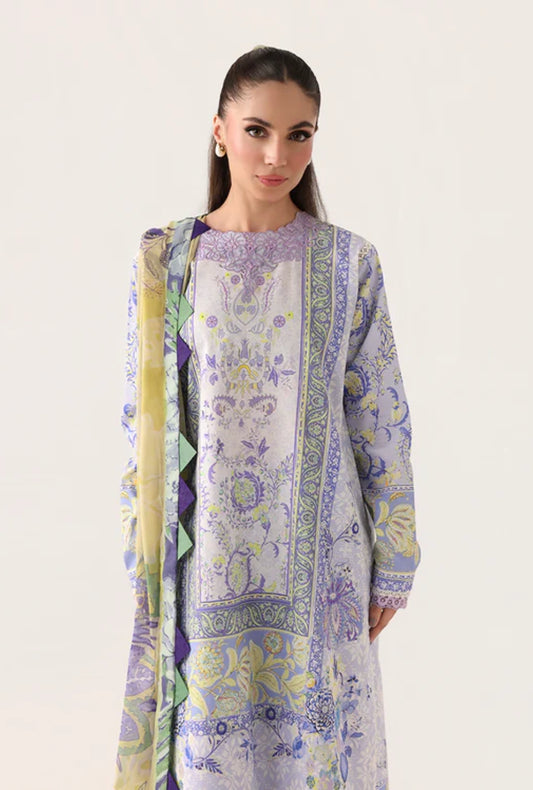 Roheenaz Rosette Blush Meadow 3-Piece Unstitched Lawn Suit | Printed Shirt with Embroidered Neckline & Chiffon Dupatta