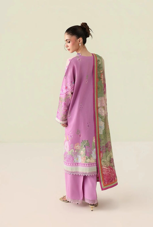 Roheenaz Rosette Soft Solstice 3-Piece Unstitched Lawn Suit | Printed Shirt with Embroidered Neckline & Chiffon Dupatta