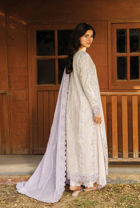 Afrozeh SOLAYNE 3-Piece Unstitched Lawn Suit | Ivory Embroidered Shirt with Sheer Lavender Dupatta
