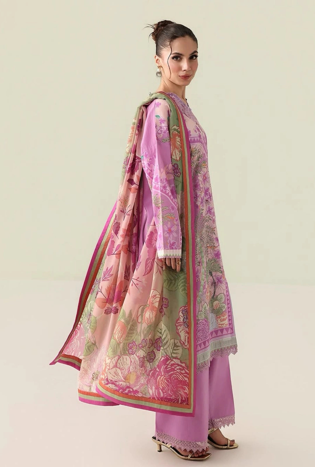 Roheenaz Rosette Soft Solstice 3-Piece Unstitched Lawn Suit | Printed Shirt with Embroidered Neckline & Chiffon Dupatta