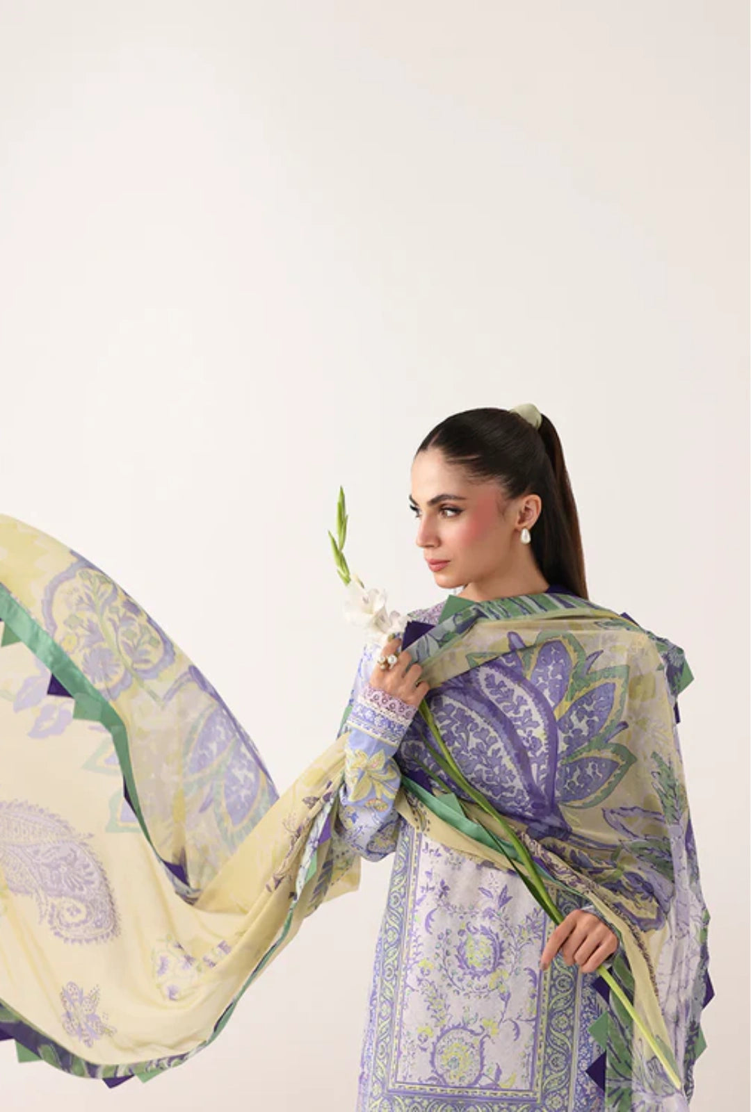 Roheenaz Rosette Blush Meadow 3-Piece Unstitched Lawn Suit | Printed Shirt with Embroidered Neckline & Chiffon Dupatta