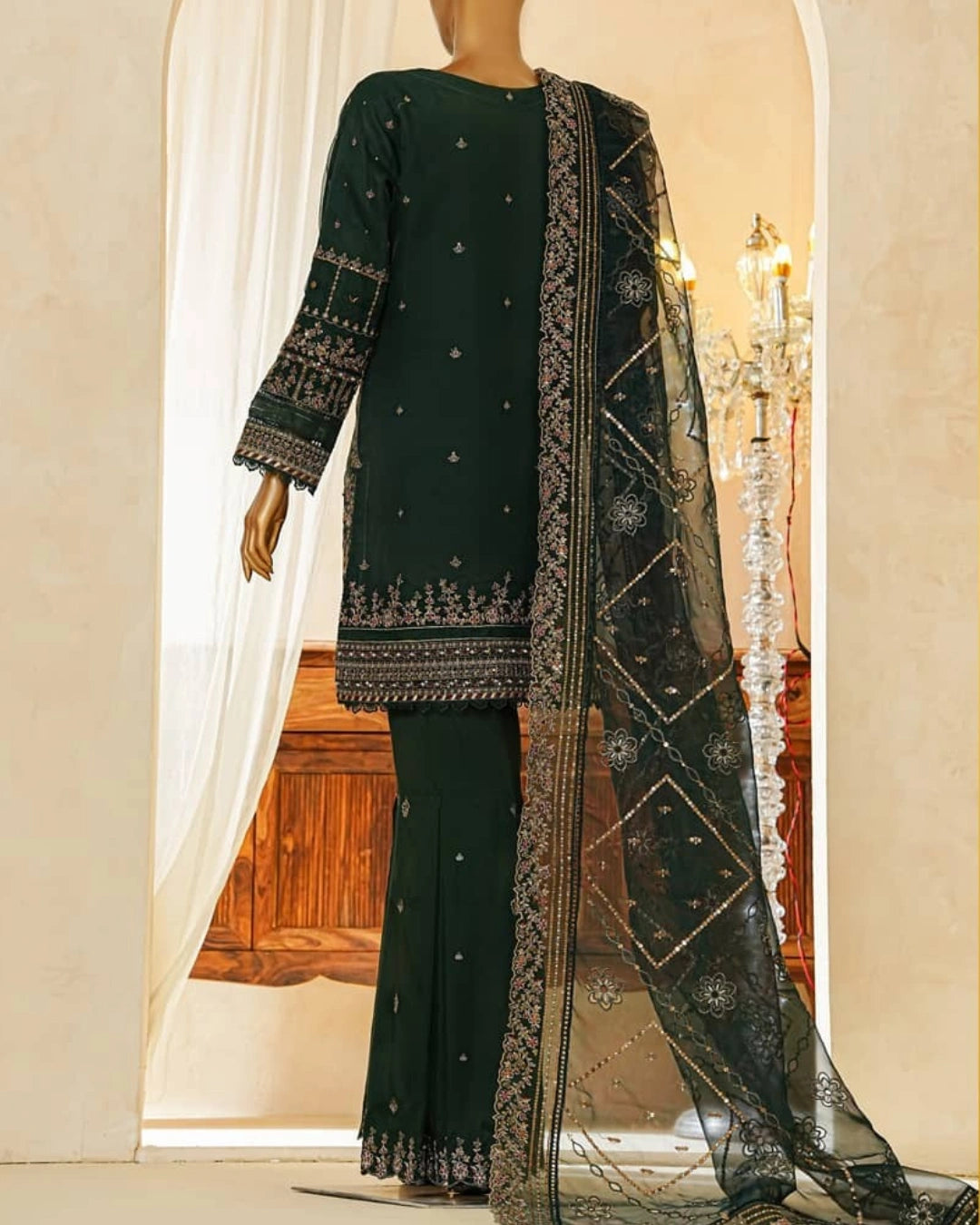 Shaadmaani By HZ 3 Piece Luxury Embroidered Formal Suit Green (HZK-214)