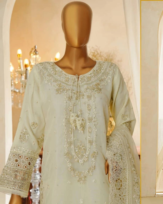 Shaadmaani By HZ 3 Piece Luxury Embroidered Formal Suit Cream Butter (HZK-217)
