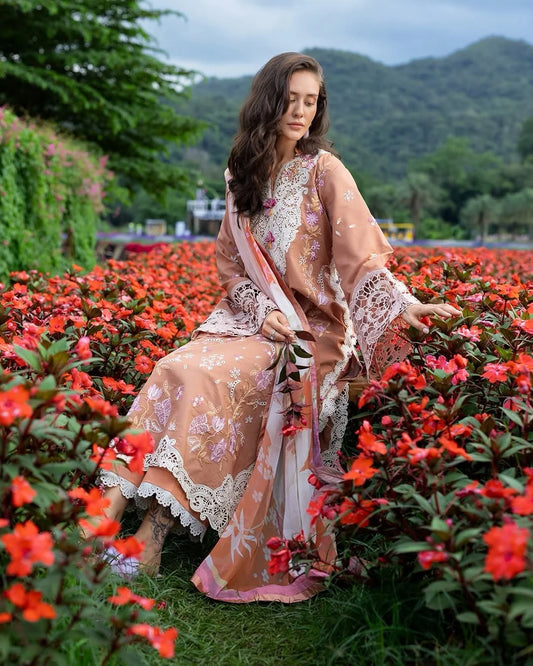 Rosette Reverie – Chikan Embroidered Lawn with Chiffon Dupatta