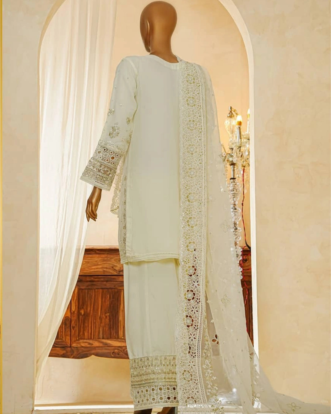 Shaadmaani By HZ 3 Piece Luxury Embroidered Formal Suit Cream Butter (HZK-217)