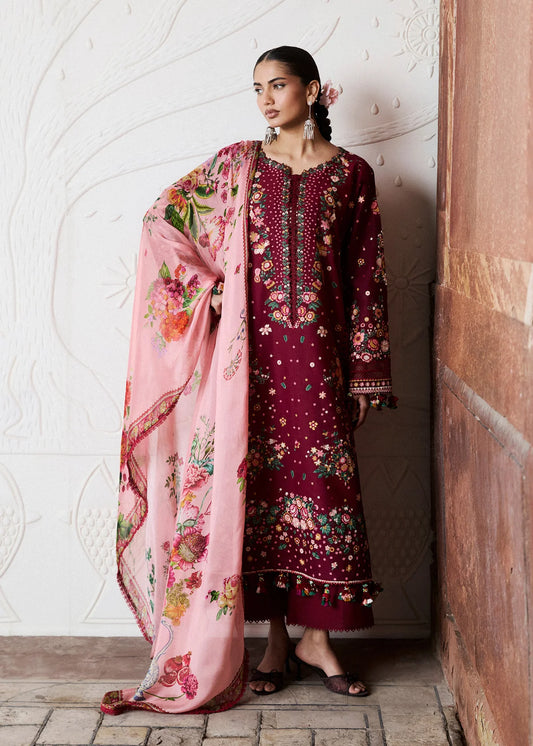 Hussain Rehar by Zun - Embroidered Lawn 3 Piece Unstitched Suit – Maroon (Kestane)