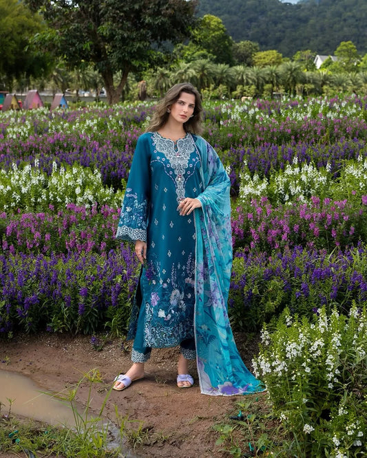 Emerald Fern – Chikan Embroidered Lawn with Chiffon Dupatta