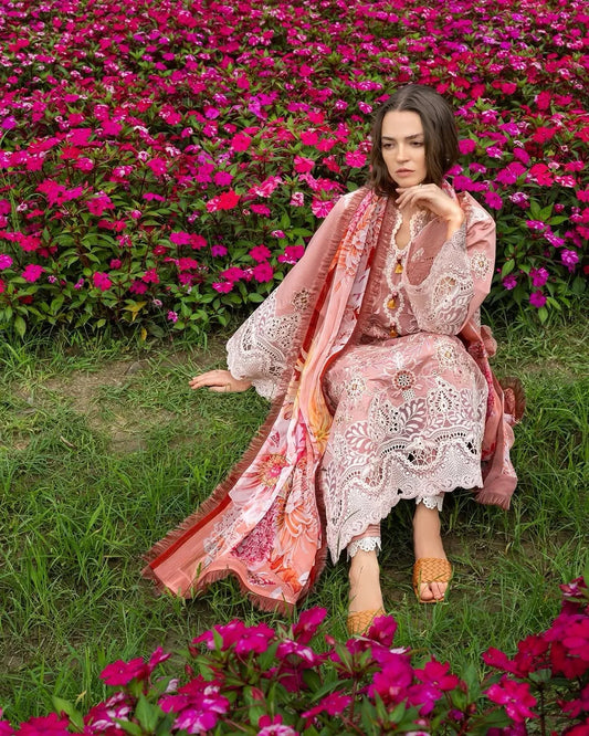 Peach Blossom – Chikan Embroidered Lawn with Chiffon Dupatta