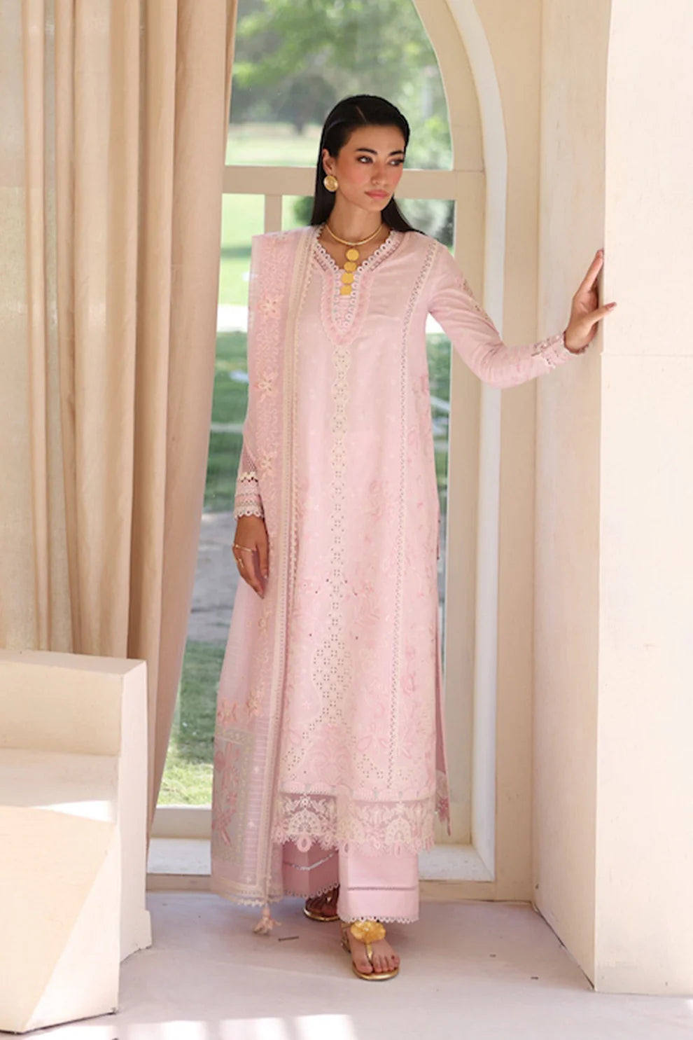 Qalamkar Casual Pret 26 – Jacquard 3 Piece Stitched Suit PA-08 (Light Pink)