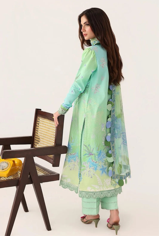 Roheenaz Rosette Morning Dew 3-Piece Unstitched Lawn Suit | Printed Shirt with Embroidered Neckline & Chiffon Dupatta
