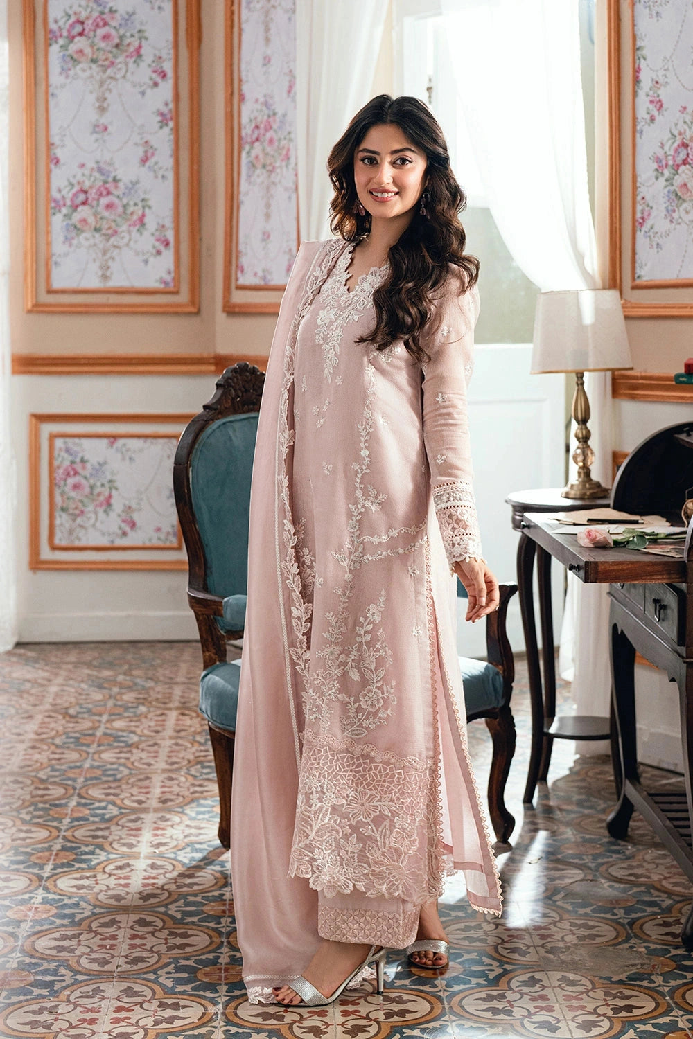 AZURE - EID ENSEMBLES unstitch chiffon 3 pc suite (Rosebud)