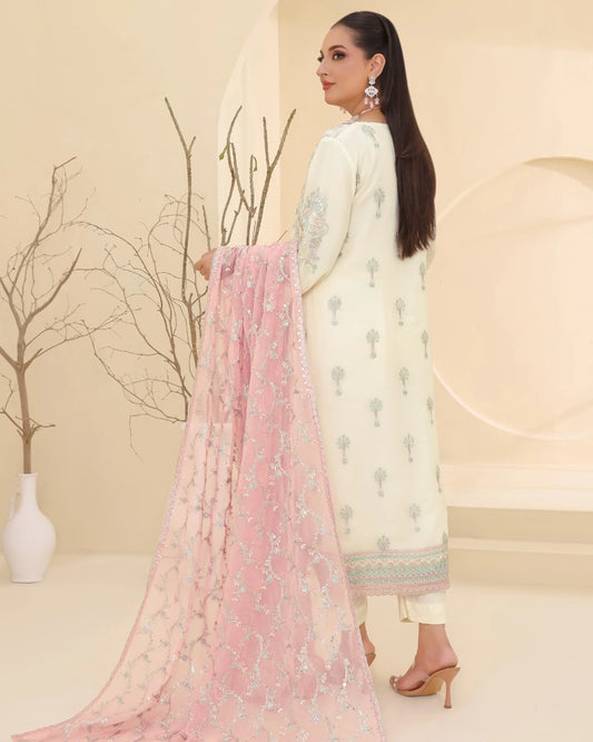 Tawakkal Embroidered Bamber Chiffon Suit With La Bella Viscose Jacquard Trouser D-002