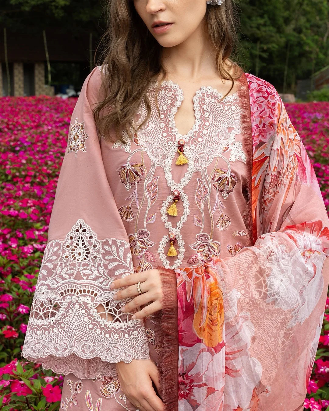 Peach Blossom – Chikan Embroidered Lawn with Chiffon Dupatta