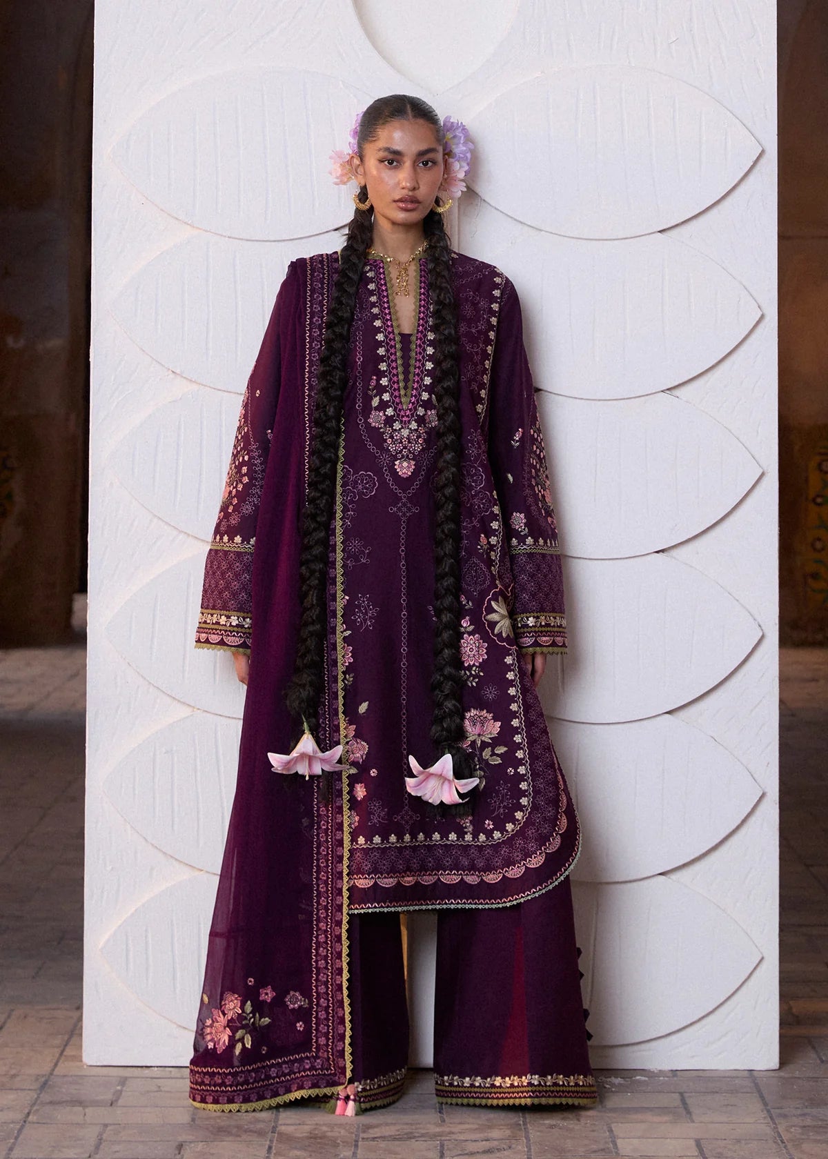Hussain Rehar by Zun - Embroidered Lawn 3 Piece Unstitched Suit – Plum (Banafsh)