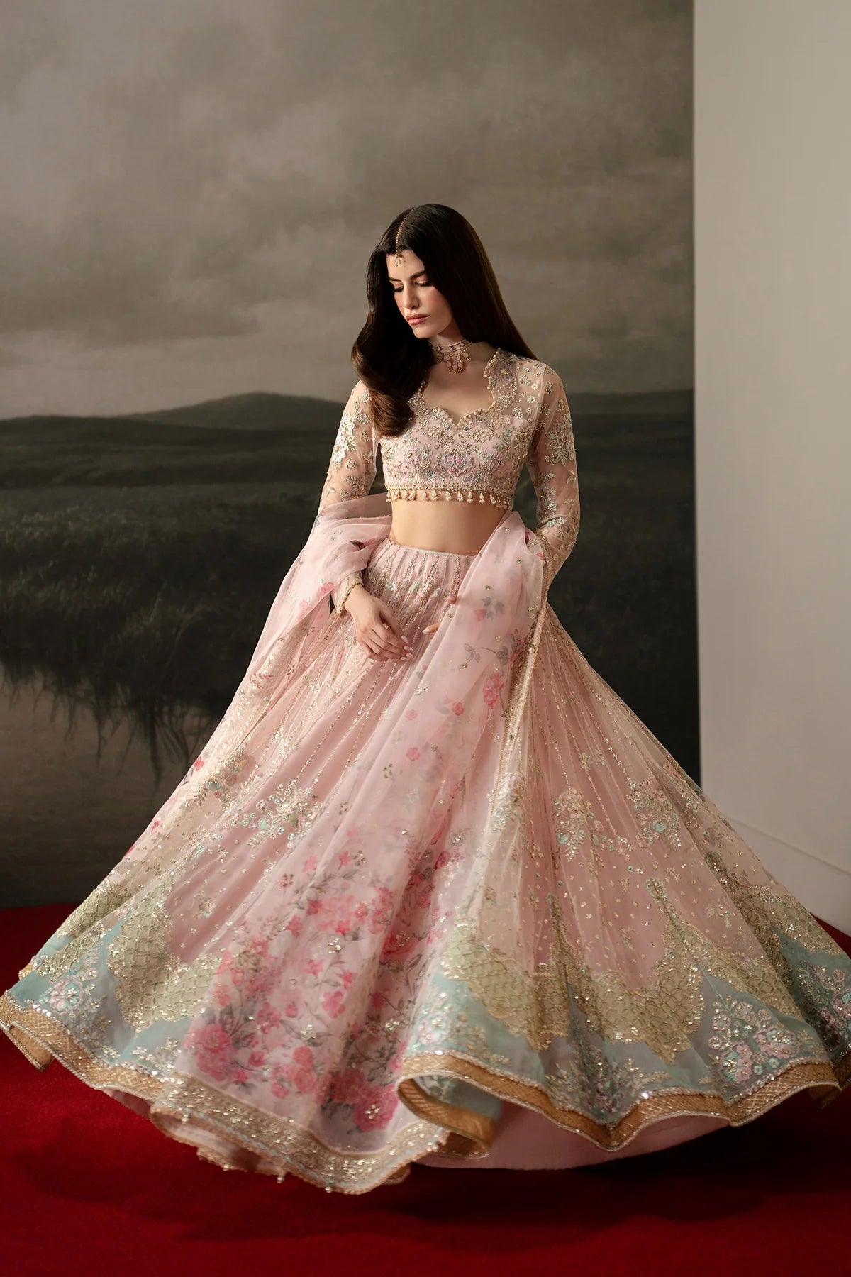 Afrozeh Aure Unstitched 3 Piece Embroidered Net Suit with Lehnga (Noblesse)