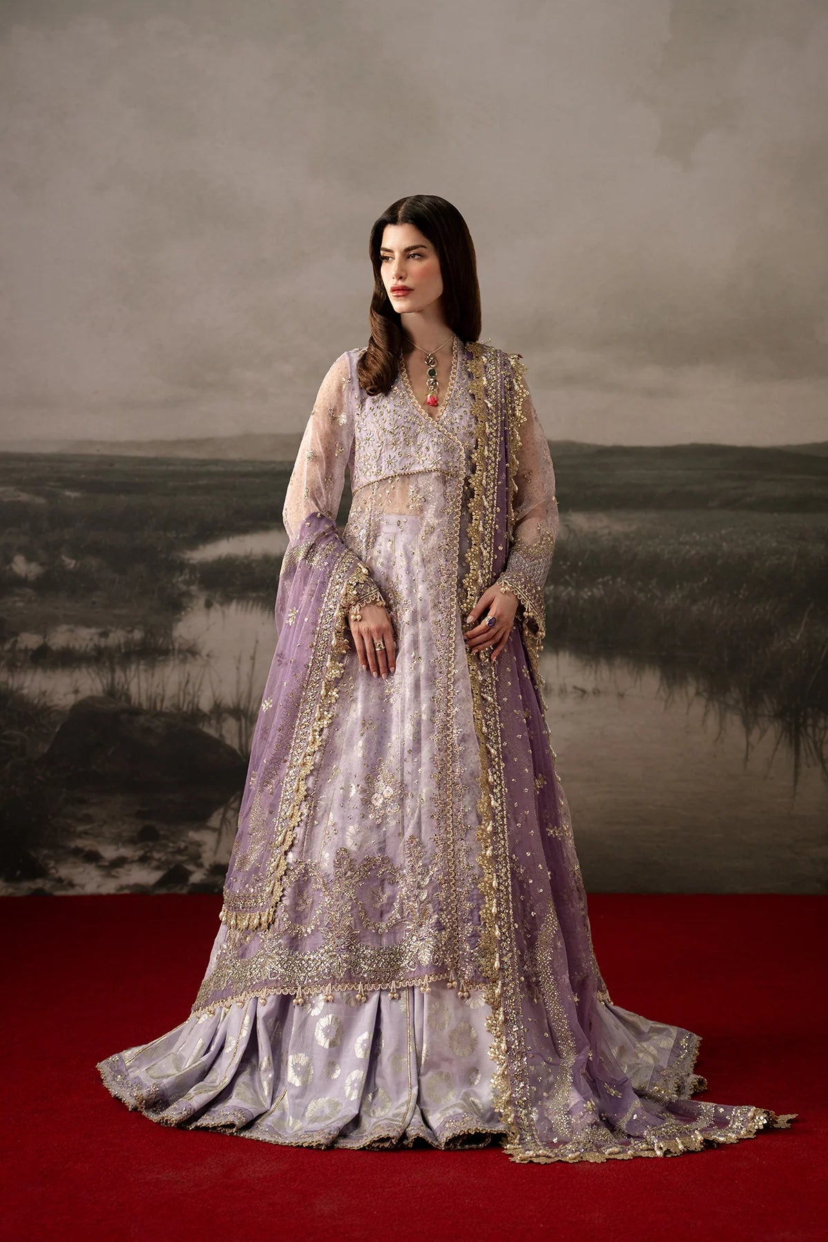 Afrozeh Aure Unstitched 3 Piece Embroidered Organza Suit with Raw Silk Lehnga (Monet)
