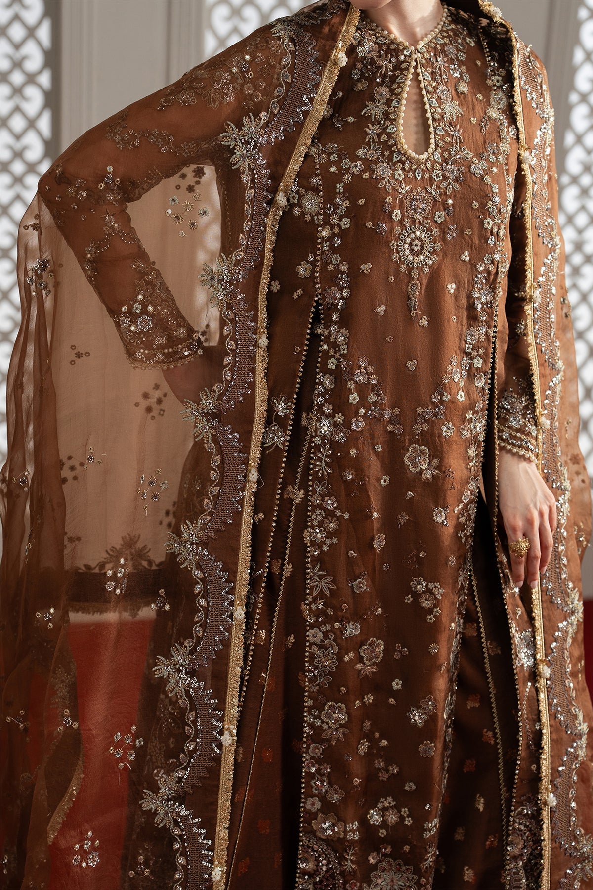 Afrozeh Aure Unstitched 3 Piece Embroidered Organza Suit with Cotton Jacquard Lehnga (Isadora)