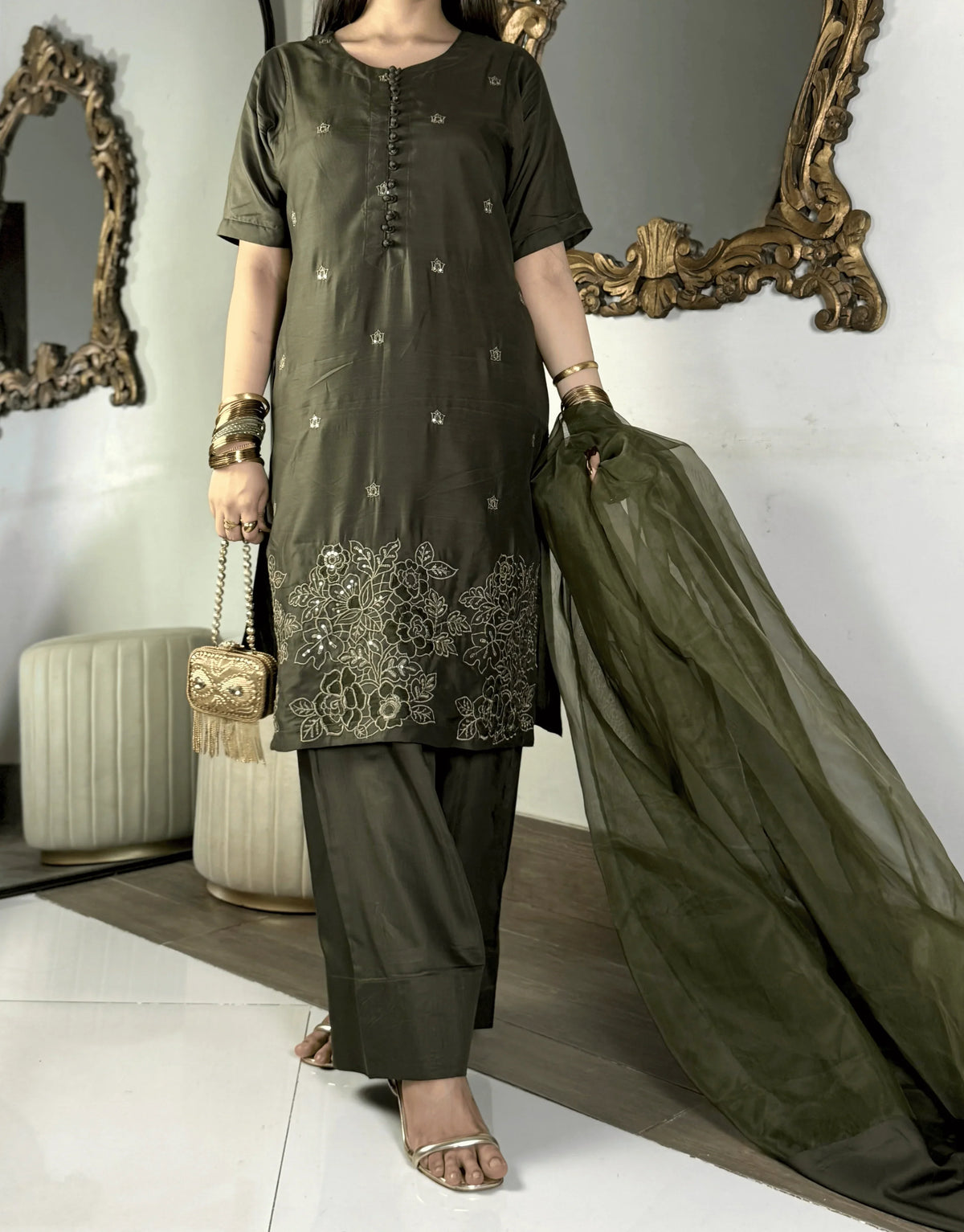 Amna khurram - Olive Green Embroidered Viscose Stitched 3 Piece Suit
