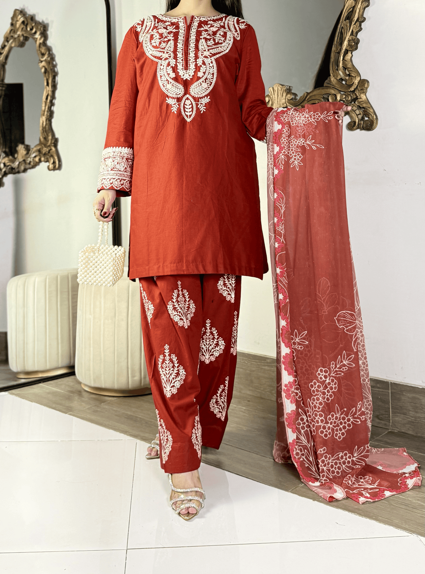 Amna khurram - Rust Red Embroidered Lawn Stitched 3 Piece Suit