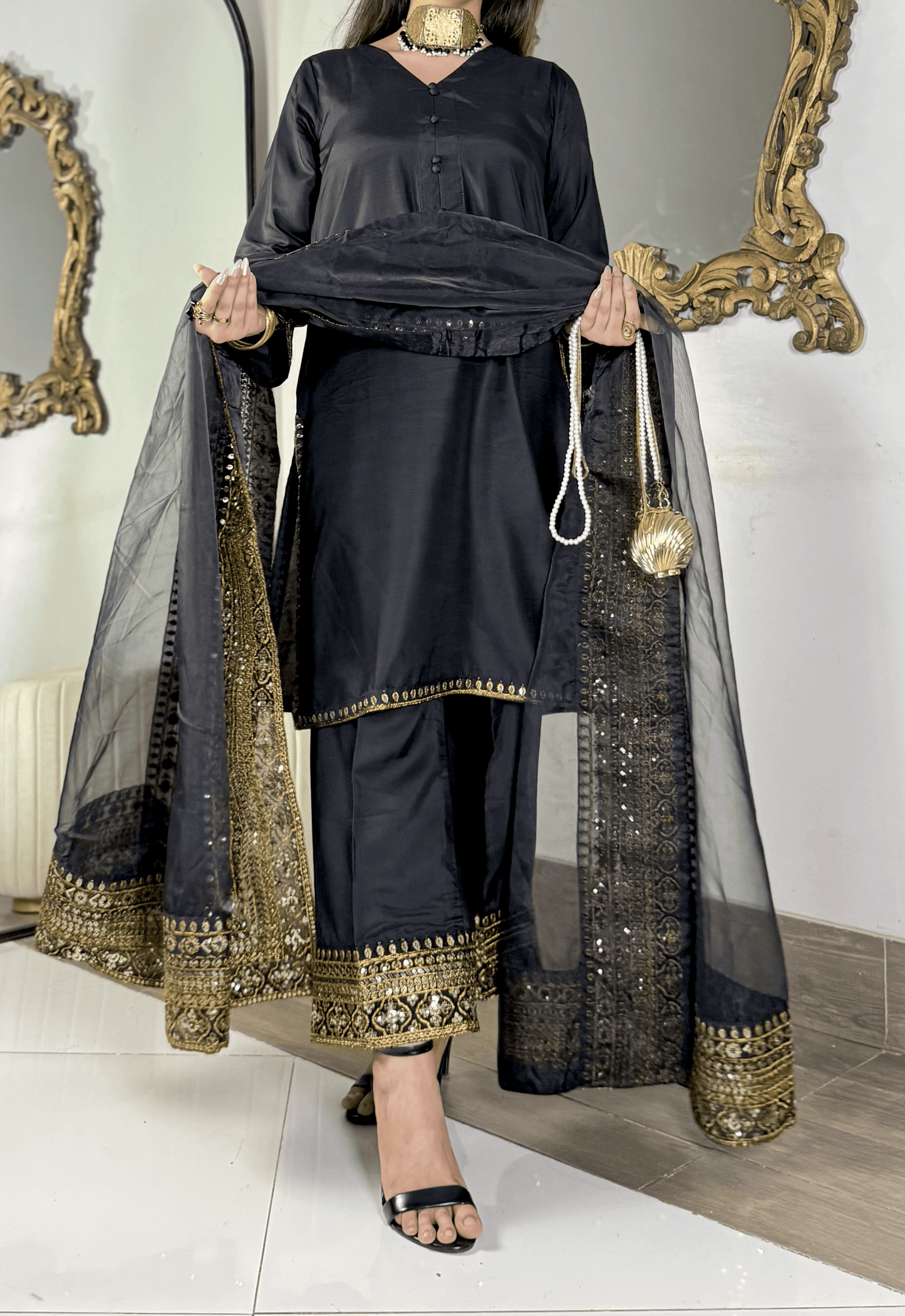 Amna Khurram - Midnight Elegance Black Embroidered Viscose Stitched 3 Piece Suit