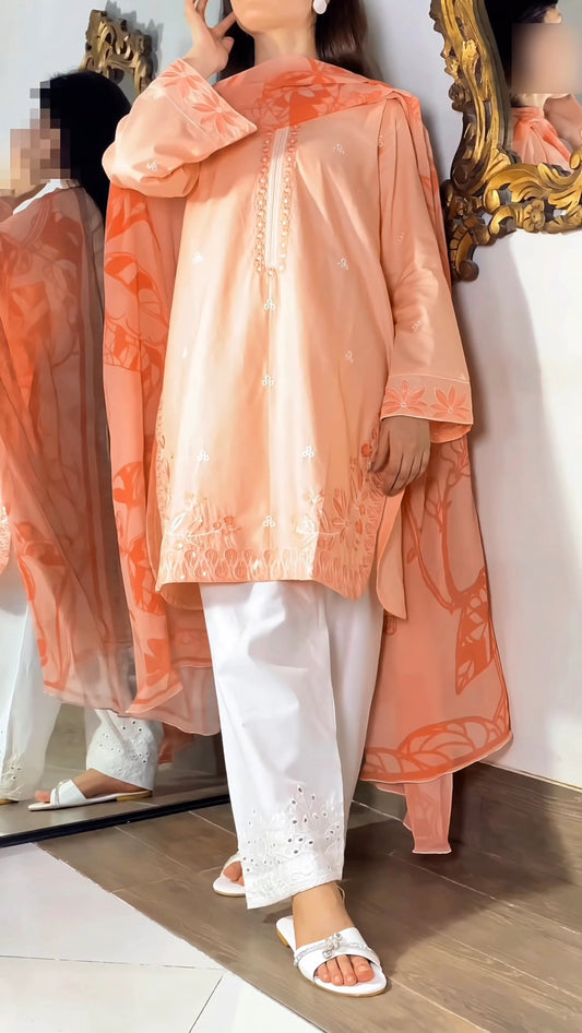 Amna khurram - Peach Embroidered Lawn Cotton Stitched 3 Piece Suit