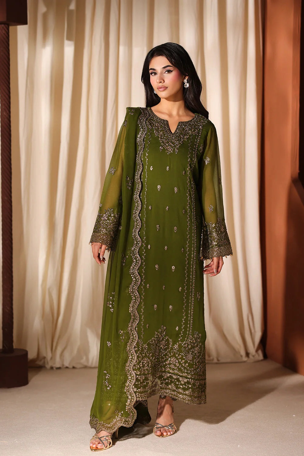 Azure Luxe Embroidered 3 Piece Unstitched Suit (Imperial Olive)