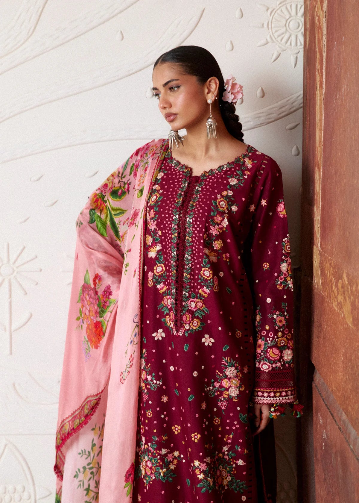 Hussain Rehar by Zun - Embroidered Lawn 3 Piece Unstitched Suit – Maroon (Kestane)