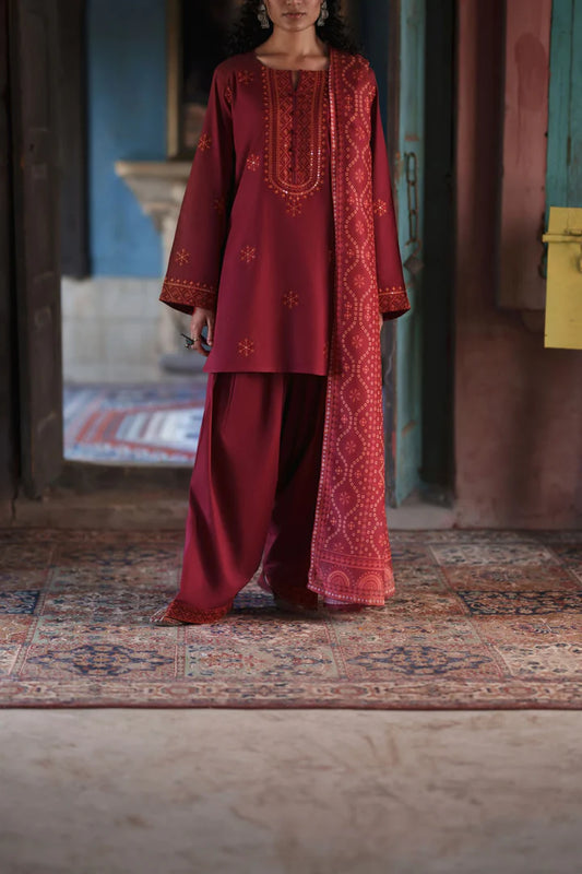 Casual Lite - 3 Piece Stitched Cotton Lawn Suit (Crimson Serenity)