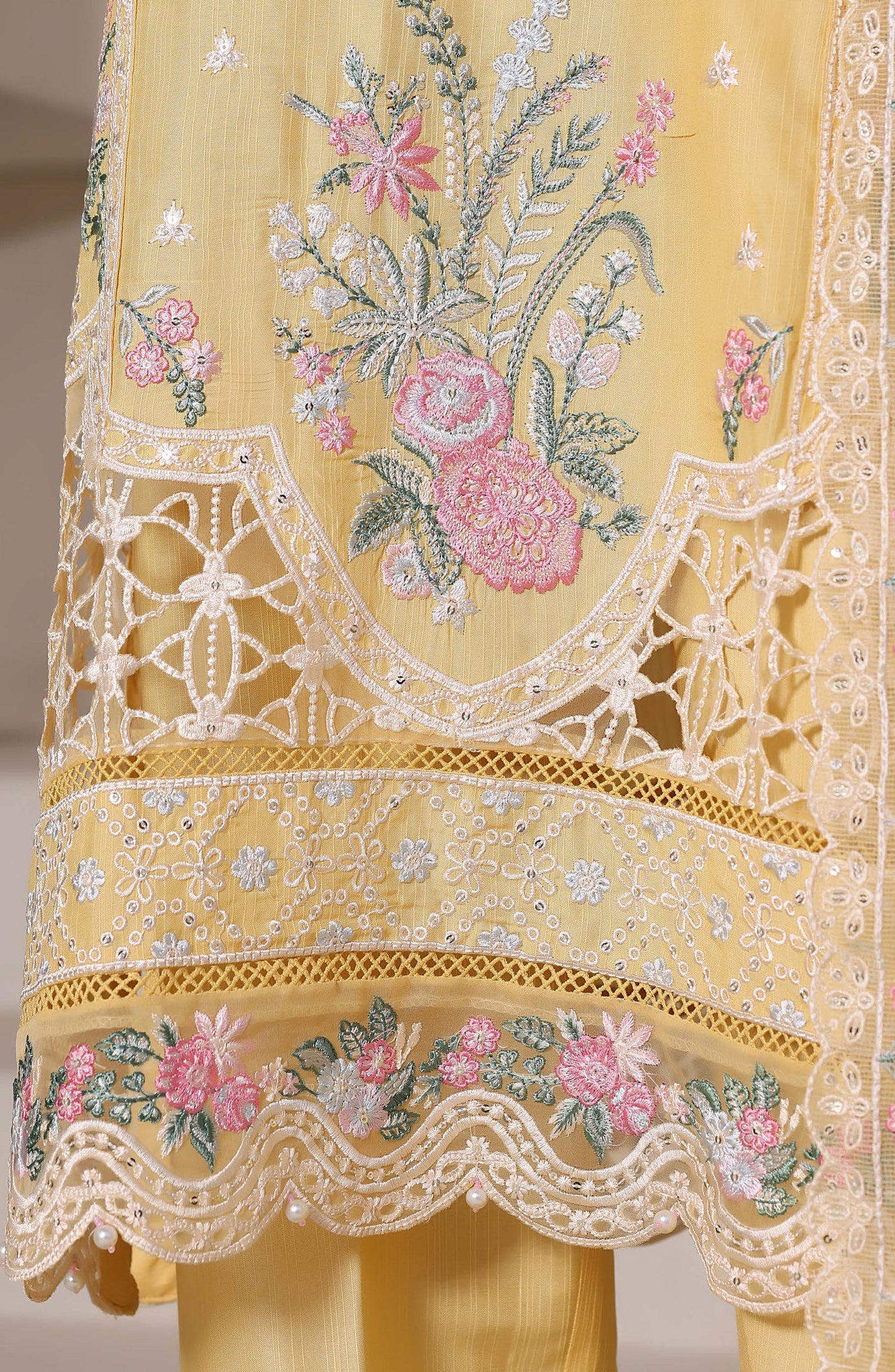 Sadabahar Luxury Embroidered Formal Stitched 3 Piece Suit – D-07 (Yellow)