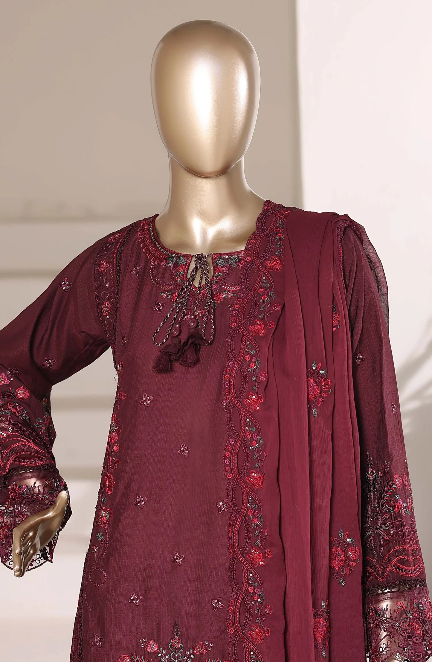 Sadabahar Luxury Embroidered Formal Stitched 3 Piece Suit – D-06 (Maroon)