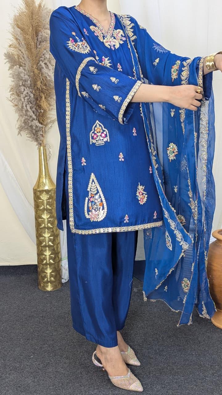 Amna Khurram Raw Silk Embroidered Suit with Chiffon Embroidered Dupatta A06 - Ready To Wear
