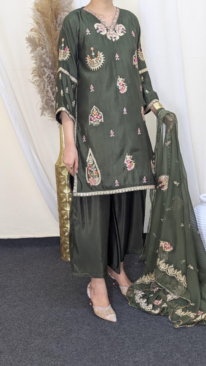 Amna Khurram Raw Silk Embroidered Suit with Chiffon Embroidered Dupatta A03 - Ready To Wear