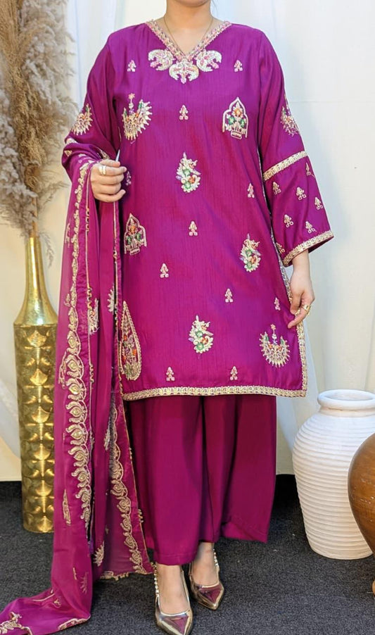 Amna Khurram Raw Silk Embroidered Suit with Chiffon Embroidered Dupatta A01 - Ready To Wear